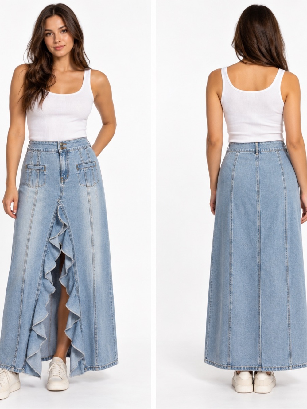 Edikted Light Blue Denim Maxi Skirt with Ruffle Front Slit 100% cotton